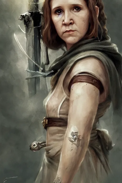 Image similar to young carrie fisher, battle warrior, lord of the rings, tattoos, decorative ornaments, by carl spitzweg, ismail inceoglu, vdragan bibin, hans thoma, greg rutkowski, alexandros pyromallis, perfect face, fine details, realistic shading, photorealism