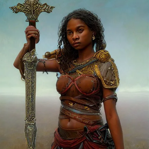 Image similar to artstation concept of a beautiful girl holding a sword in both hands, brown skin, sweaty skin, symmetrical face, casual white garment, brown canyon background, shiny colorful, hyperdetailed, artstation trending, world renowned artists, worth1000.com, historic artworks society, antique renewel, cgsociety, by greg rutkowski, by Gustave Dore, Deviantart