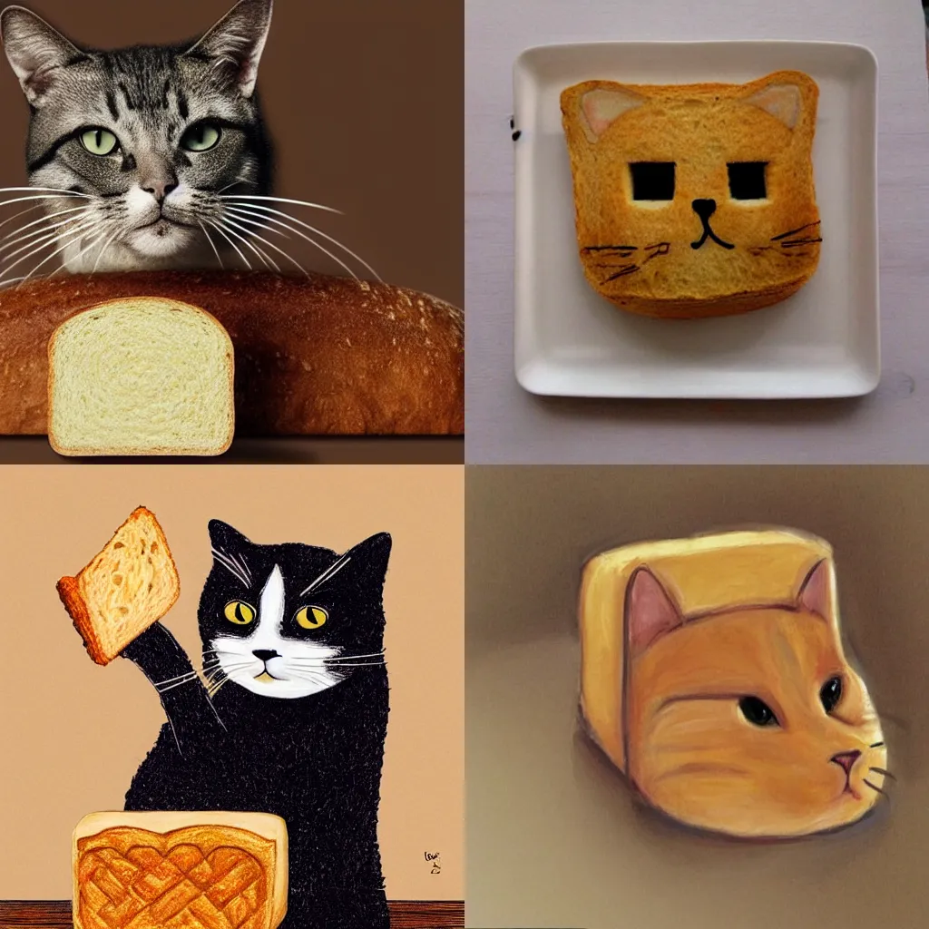 Prompt: michael c hall as a cat shaped as a loaf of bread, silly portrait, toasty toaster butter