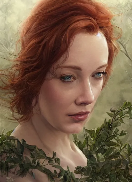 Image similar to tired Christina Hendricks taking a rest under a tree after an long adventure a ruggedly muscled handsome heroine, intricate, elegant, highly detailed, centered, digital painting, artstation, concept art, smooth, sharp focus, illustration, artgerm, donato giancola, Joseph Christian Leyendecker, WLOP, Artgerm, thunder storm