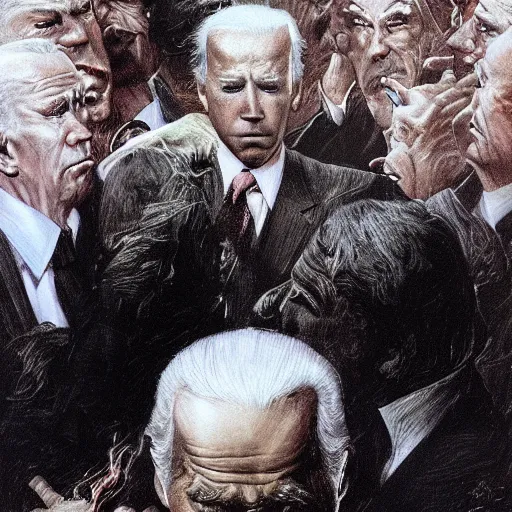 Image similar to terrifying, surreal portrait of joe biden standing up to his shoulders in turbulent, shadowy water by j. c. leyendecker, bosch, william blake, stephen gammell, jon mcnaughton, and beksinski