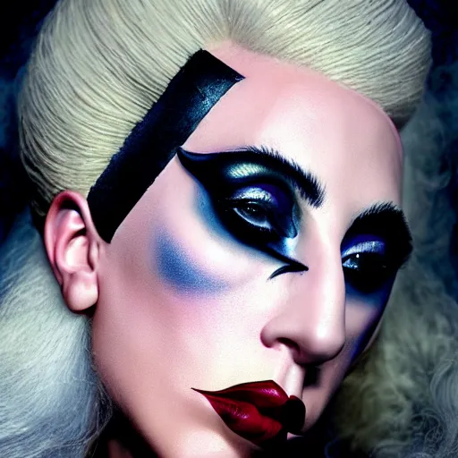 Image similar to detailed 4 k photorealistic lady gaga as harley queen make up and costum in the style of nick ut and eddie adams and margaret bourke and yousuf karshs and alfred eisenstaedt