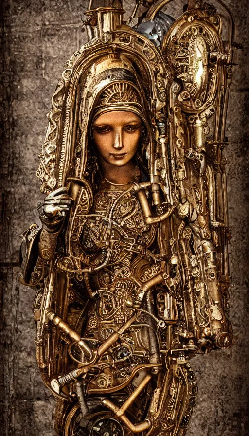 Image similar to steampunk virgin mary, religious imagery, rusty pipes and guages, backlit, intricate detail, high definition