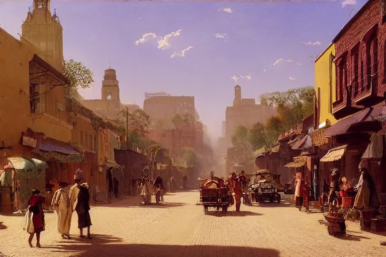 Image similar to cactus-lined street at dawn in a very beautiful Wild west city in summer by Ludwig Deutsch and Rudolf Ernst, colorful architecture, strong dramatic cinematic lighting, lost civilizations, smooth, sharp focus, extremely detailed