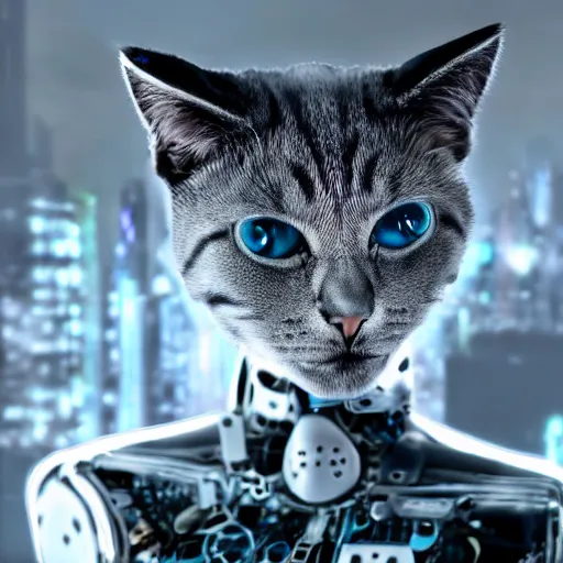 Prompt: robotic cat from the future, scary, cyberpunk style. photograph.