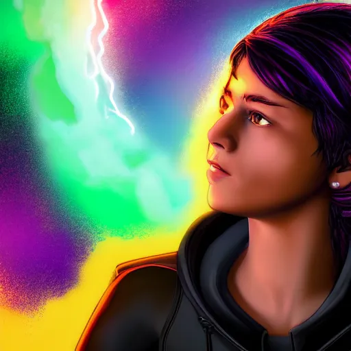 Image similar to poster artwork, sci fi, a female, full body, black hoodie techie, black hair with purple streaks, 8 k