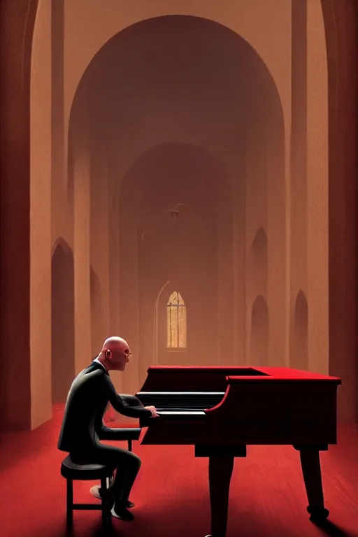 Image similar to an expressive portrait of agent 4 7 playing the piano in a monastery, dark background, red rim light, digital art, artstation, concept art by giger stalenhag