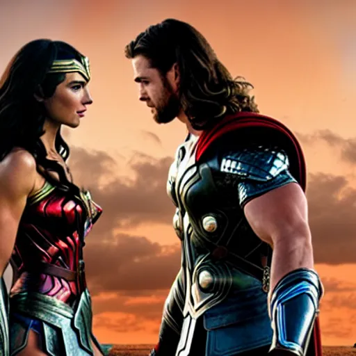 Image similar to chris hemsworth as thor, and gaul gadot as wonder woman, romantic movie scene, kissing, making out, photo