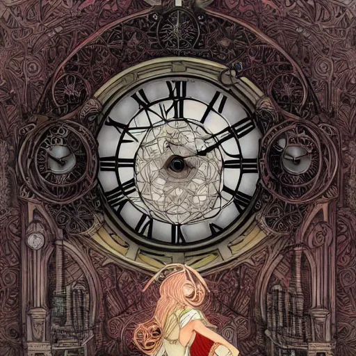 Prompt: Mechanical gear,Rose twining,Giant clock,prayer,out of time and space,dreamy, eternity, romantic, epic, artstation, highly detailed, in the style of James jean, Miho Hirano, Rebecca guay, night lighting