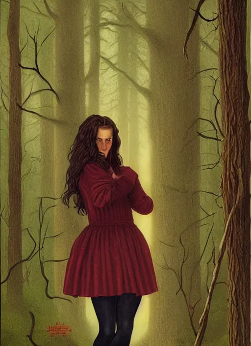 Prompt: portrait of jennifer connelly in woods looking for her friends, twin peaks poster art, from scene from twin peaks, by michael whelan, rossetti bouguereau, artgerm, retro, nostalgic, old fashioned