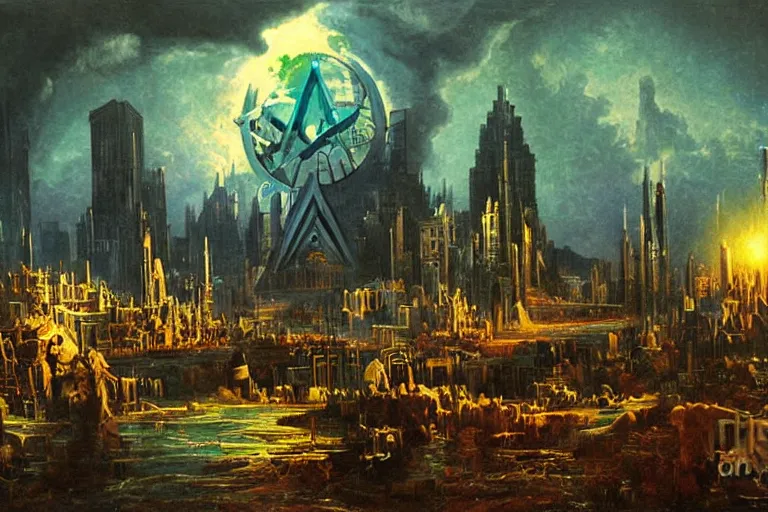 Prompt: miskatonic university big bang cityscape in the style of progressive rock, illuminati, painting by albert bierstadt