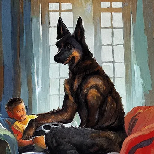 Image similar to a humanoid german shepherd beast - man, sitting and watching a soccer match in his house on television, he has hurt his knee and is a dad, by erin hanson, alexi zaitsev, karl spitzweg, award winning, tv set