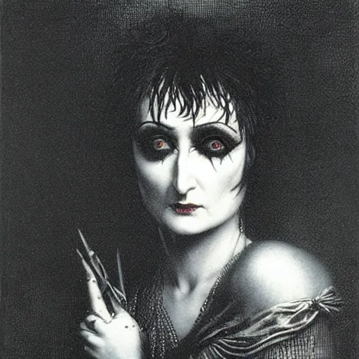 Image similar to siouxsie sioux, creepy atmosphere, dark, portrait, realistic, very realistic, illustration by Gustave Doré