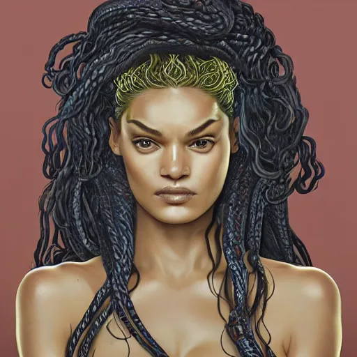 Image similar to Shanina Shaik as Medusa, snakes for hair, highly detailed, digital painting, artstation, concept art, smooth, sharp focus, illustration, art by Chris Achilleos, in the style of Medusa (1988) by Chris Achilleos.