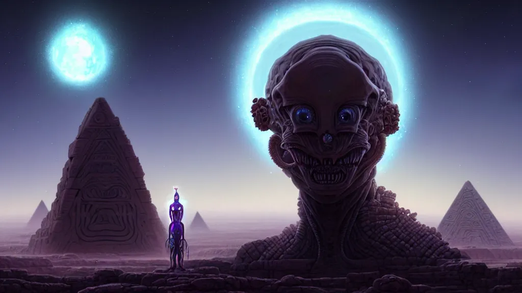 Image similar to full - face close - up portrait, your mom is a cosmic horror by bruce brenneise and peter mohrbacher, alien ancient ruins in background, giant stone pyramids in the distance, on an alien planet with craters, 3 d render, neosurrealism. digital concept art, pixel art, rendered in octane, trending on cgsociety, trending on artstation