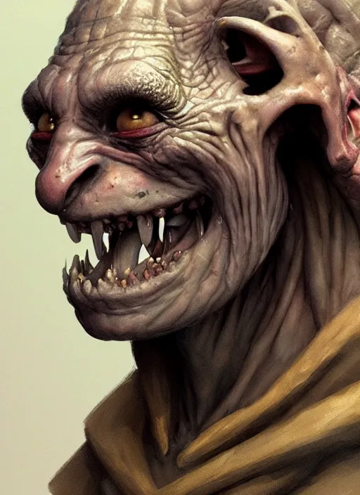 Image similar to closeup profile face portrait of a medieval goblin eating cakes in the cloisters, beautiful face, hyper realistic, highly detailed, digital painting, artstation, illustration, concept art by hyung tae, frank frazetta, bosch, giger, digital paint, matte paint, washed colors, dark, gloomy