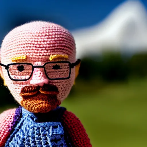 Image similar to walter white as a knitted crochet doll, 4 k, hyper realistic, dslr, high resolution, landscape, beautiful