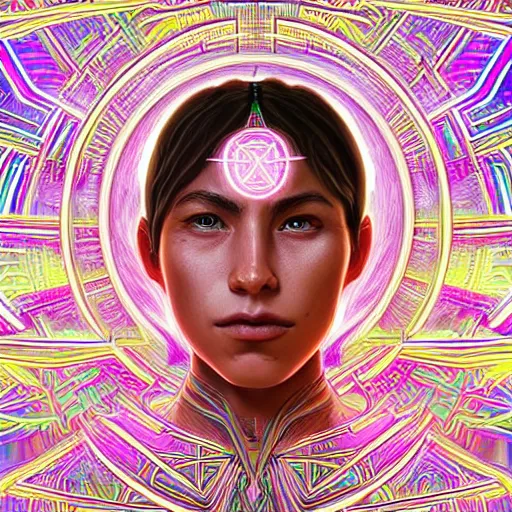 Image similar to portrait of a future metaverse Ayahuasca tech shaman warrior, 2D cartoon, visionary art, symmetric, Magick symbols, holy halo, shipibo patterns, sci-fi, concept art, trending on art station, 8k digital art, by Mandy Jurgens, fantasy art