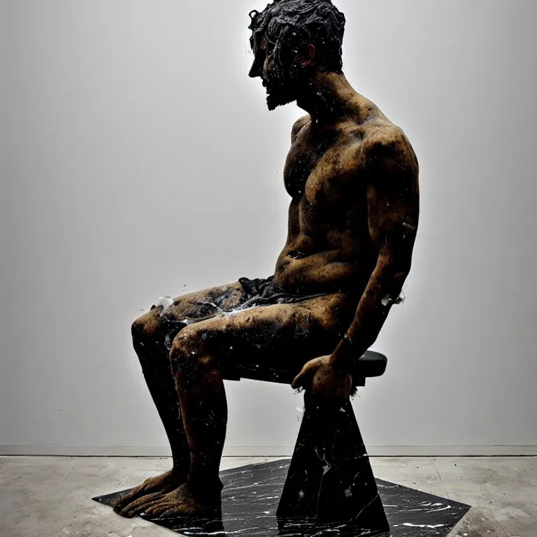 Image similar to a sculpture of a person sitting on top of a chair, a marble sculpture by nicola samori, behance, neo - expressionism, marble sculpture, apocalypse art, made of mist