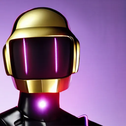 Image similar to daftpunk deluxe humanoid robots front head daftpunk curved screen displaying red glowing Error, his head shows a red glowing Error message, background dark, 40nm lens, shallow depth of field, split lighting, 4k,