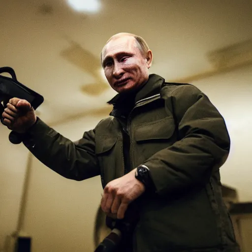 Prompt: putin with a chainsaw. in a concrete bunker with a pile of corpses. focus on putins face with blood splatters. canon eos r 3, f / 1. 4, iso 1 6 0 0, 1 / 8 0 s, 8 k, raw, grainy