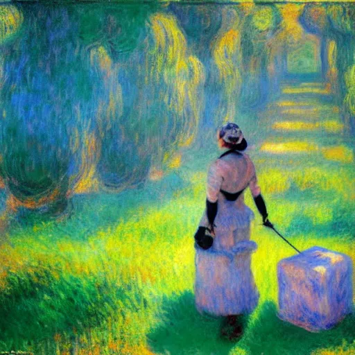 Prompt: beautiful painting of companion cube in a beautiful landscape, monet, rhads, renoir, degas