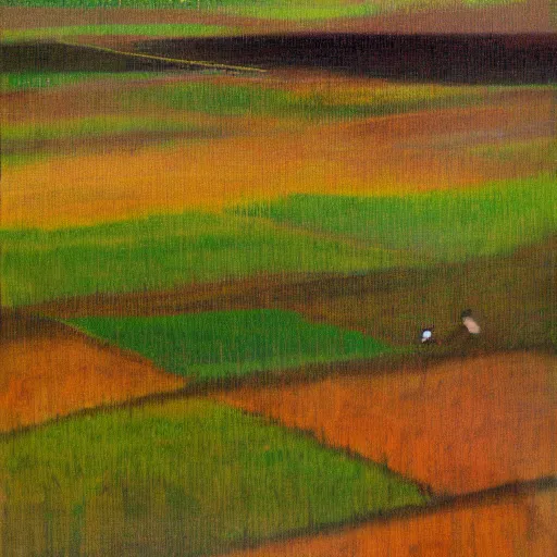 Image similar to abstract painting of a rice paddy, a man farming