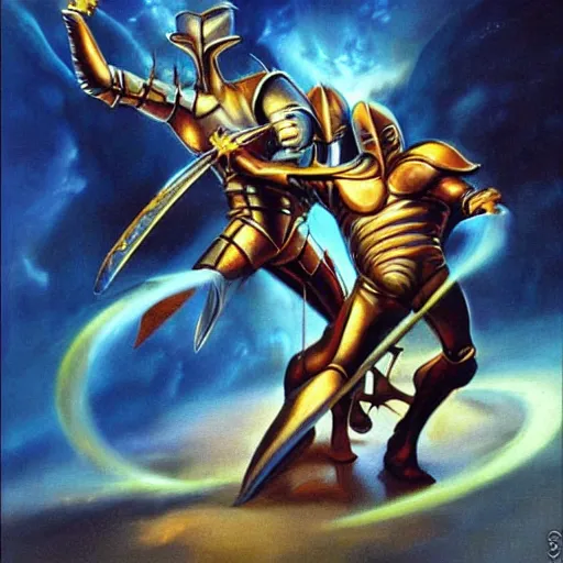 Prompt: a knight battling an alien king painting by boris vallejo & julie bell