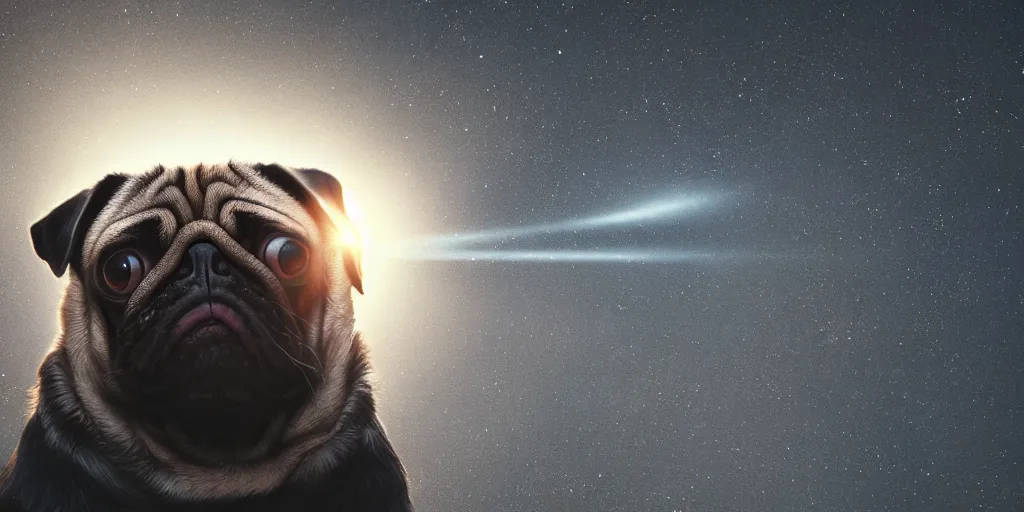 Prompt: pug orbiting the sun, still, photograph, trending on artstation, dynamic lighting, cinematic, highly detailed, sharp focus, space, universe, stars