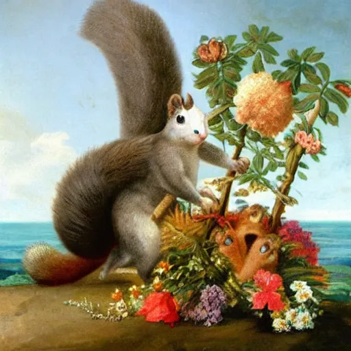 Prompt: a giant fluffy squirrel carrying napoleon bonaparte on its back, beach scene with flowers and foliage, detailed oil painting
