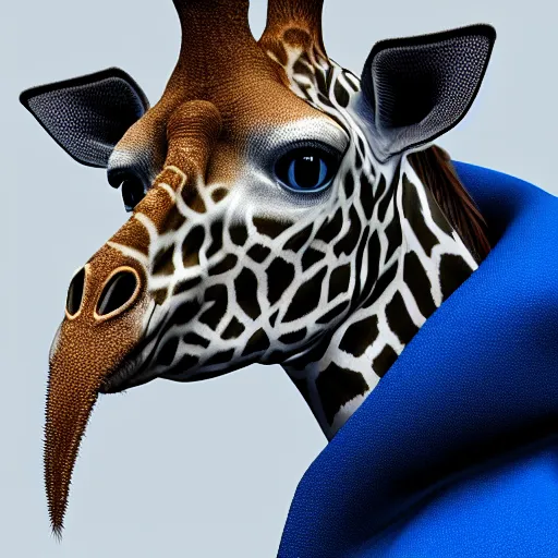 Image similar to a highly detailed portrait of a humanoid giraffe in a blue cloak, artstation, deviantart, professional, unreal engine 5, photorealistic