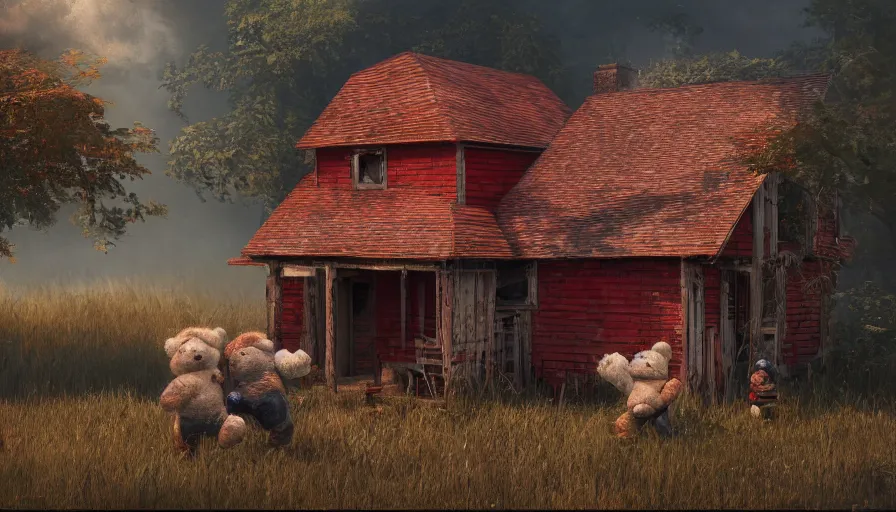 Prompt: teddy bears playing with red ball on an abandoned wooden old house, hyperdetailed, artstation, cgsociety, 8 k