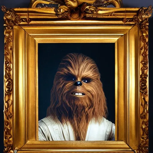 Image similar to a portrait painting of chewbacca from star wars in a renaissance style hanging in the louvre