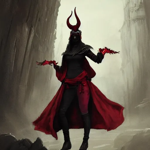 Image similar to masterpiece portrait of a surly and resentful female tiefling thief with red red red red red skin pure black eyes and sclera and horns wearing a black hooded cloak and a thief's leather garb, by Greg Rutkowski, as seen on ArtStation, 4k, dungeons and dragons, very aesthetic, very detailed, intricate, unreal, fantasy, dramatic, painterly, artstation, sharp focus, smooth