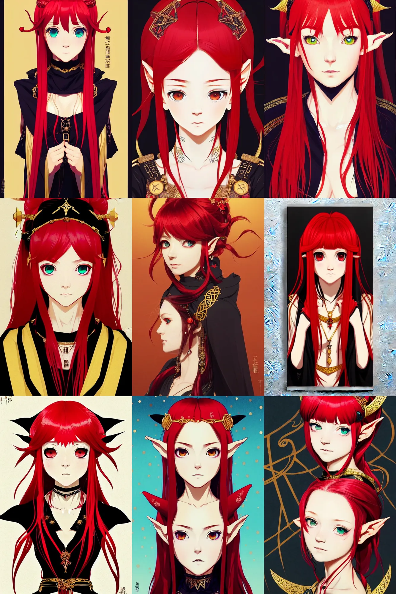 Prompt: portrait of elf girl with red hair, black robe with gold runes, boho chic | | very anime!!!, symmetry face, fine details. realistic shaded lighting poster by ilya kuvshinov, katsuhiro otomo, kidmo!!!, trending on artstation, magali villeneuve, artgerm, jeremy lipkin and michael garmash