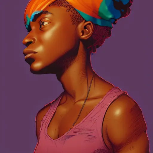 Image similar to Alberto Mielgo portrait design of an afropunk female character in a favela street, medium shot, asymmetrical, profile picture, painting by Alberto Mielgo and Laurie Greasley and Lois van Baarle, trending on artstation,