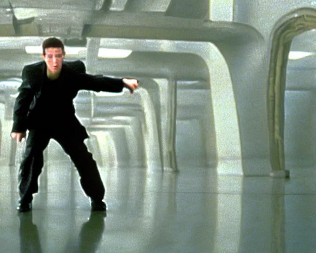 Prompt: a wide angle movie still from the matrix 1 9 9 9 showing mark zuckerberg, shot on celluloid with panavision cameras, panavision lenses, 3 5 mm film negative width, anamorphic projection format, critically acclaimed, oscar winning practical effects