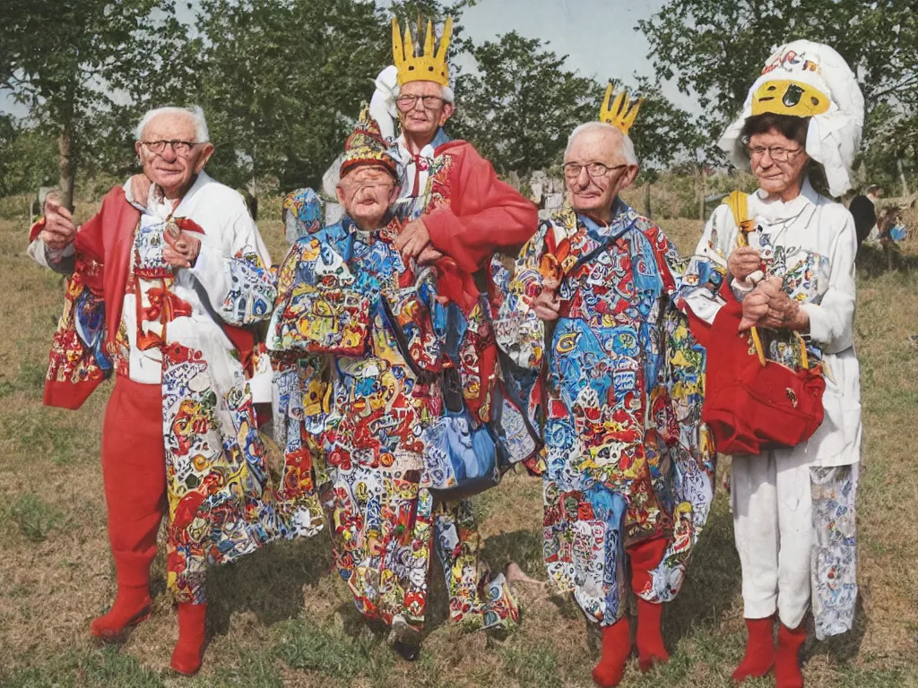 Prompt: a martin parr photo of a grandpa couple, wearing codex seraphinianus costumes