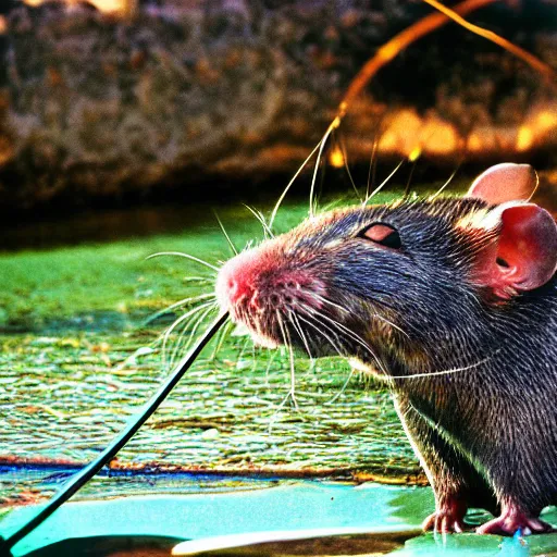 Image similar to 35mm photo of a rat fishing at a riverbank, water, well lit, bright and fun colors