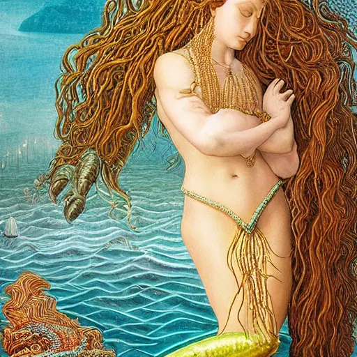 Image similar to intricate detail, gilbert williams and sandro botticelli portrait of tan sumerian mermaid goddess atargatis, with aqua neon rapunzel dreadlocks adorned in seashells, near crystal temple in atlantis, iridescent dolphins swimming in the sea, unicorn flying in the sky, paleozoic atlantis