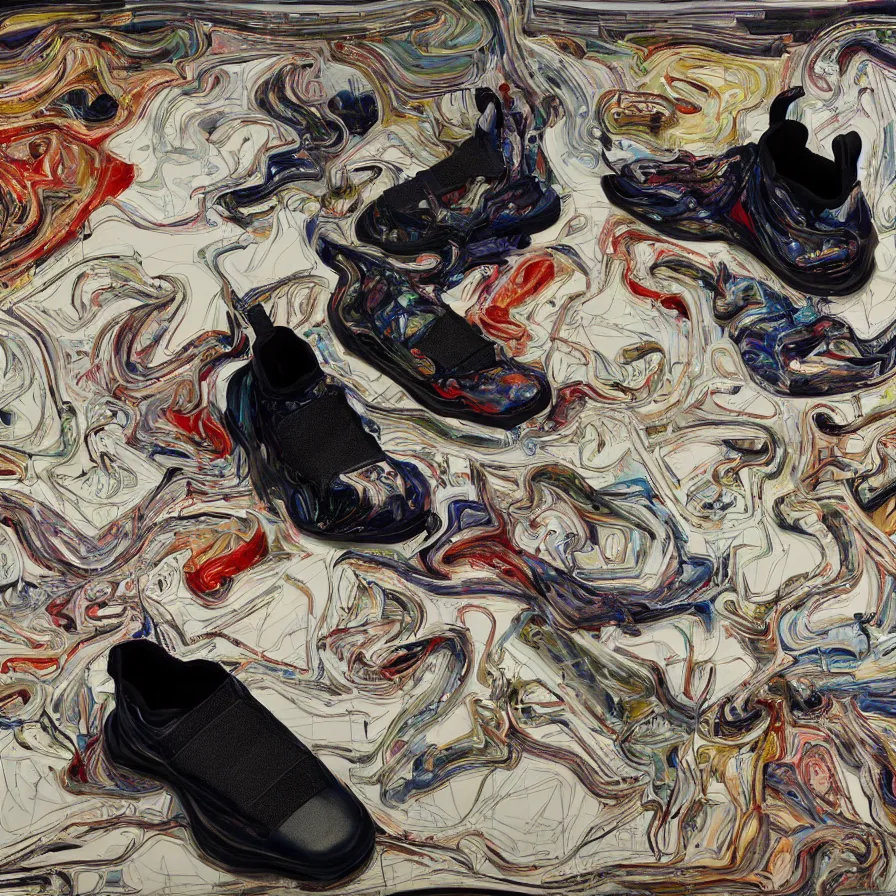 Image similar to futuristic balenciaga sneakers, nft art, highly detailed, hyper realistic, art by todd mcfarlane, by ( ( ( lucian freud ) ) ) and gregory crewdson and francis bacon