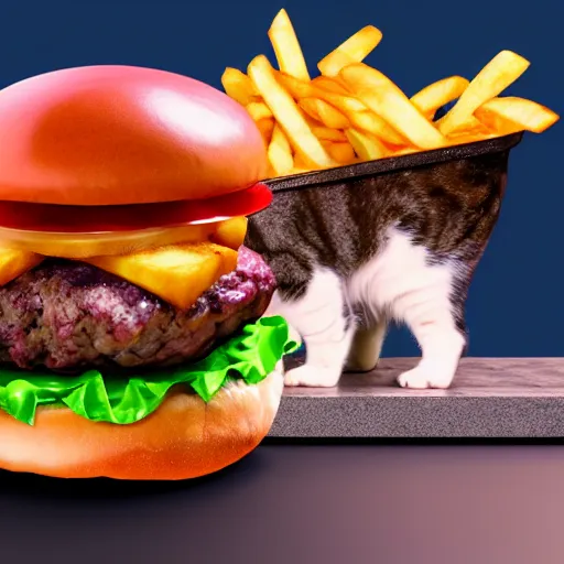 Prompt: a burger in the shape of a cat, with fries, volumetric lighting, 4 k