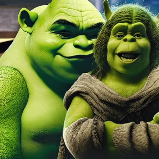 Image similar to shrek, hulk and yoda eat dinner together