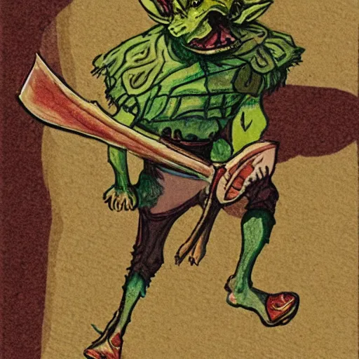 Image similar to detailing trot card style illustration of goblin by by Pamela Colman Smith