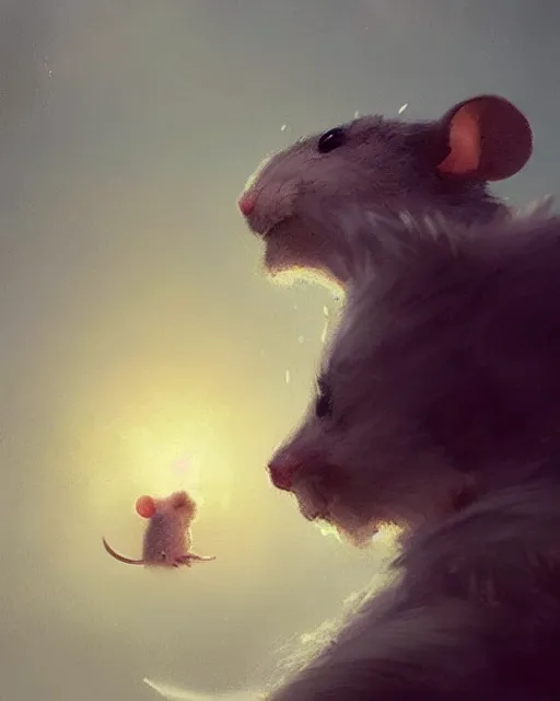 Image similar to viewed from behind, over the shoulder, a cute mouse looks upwards, viewed from behind, digital portrait by greg rutkowski, fantasy art, concept art, by disney concept artists, cinematic lighting, evening light, trending on artstation, cgsociety