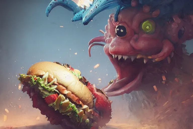 Image similar to fast food monster by jean - baptiste monge, high quality, high resolution, 4 k, painted by cgsociety, rutkowski, gurney with ambient lighting, concept art, detailed, smooth, dynamic volumetric cinematic lighting, octane, raytrace