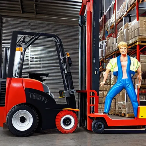 Image similar to ken doll in construction gear, driving a fork - lift, in front of a large warehouse, barbie - doll is at the car