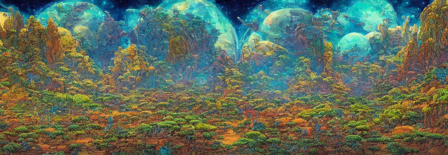 Image similar to beautiful landscape mural of an alien planet, lush landscape, vivid colors, intricate, highly detailed, masterful, fantasy world, in the style of moebius, akira toriyama, jean giraud