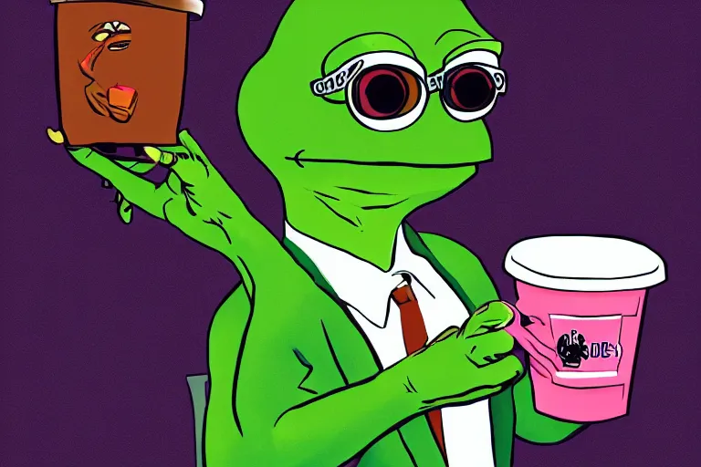 Image similar to pepe the frog in a tony montana costume drinking coffee in the office, 8 0 s style, retrowave, digital art, trending on artstation