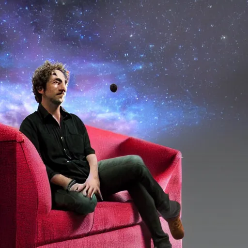 Prompt: gustavo cerati sitting on a sofa looking at the red moon, universe, stars, digital art, render unreal engine, highly detailed face, asymmetrical